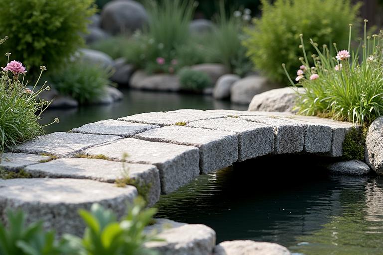 Handcrafted stone bridge in garden setting